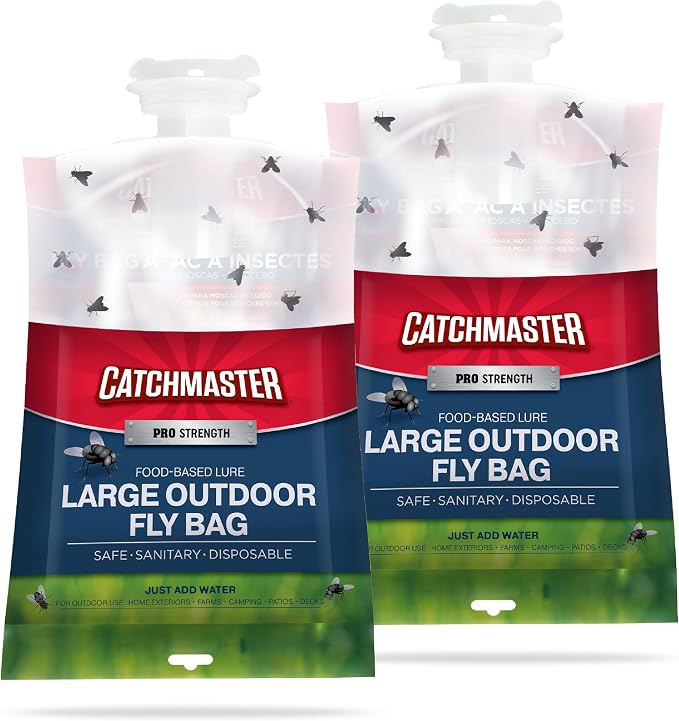Catchmaster Disposable Outdoor Fly Trap, 2 Hanging Bags with Bait | Catches house, bottle & blowflies, Holds up to 30,000 flies, Food-based lure, no spray needed, For backyards, patios & decks