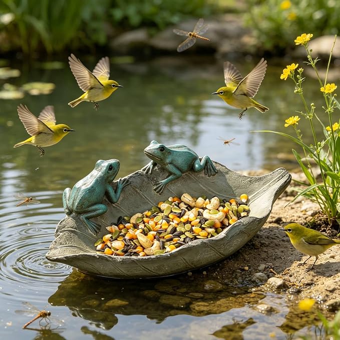 Bird-Feeder Wild Birdbath Bowl Outdoors - Garden Decor Birdfeeder for Outdoor Polyresin Frogs on Leaf Bath Bowl for Outside Yard Table Decor 12 x 7.25 x 3.5 inch Newman House Studio