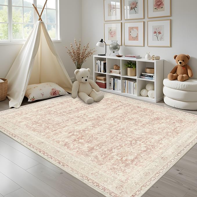 Latte&Fog Pink Rugs for Girls Bedroom Washable 6x9 Area Rug for Living Room | for Dining Kitchen Kids Nursery Playroom Guest Room Classroom Dorm Farmhouse Office, Non Slip Low Pile Soft Floral Carpets