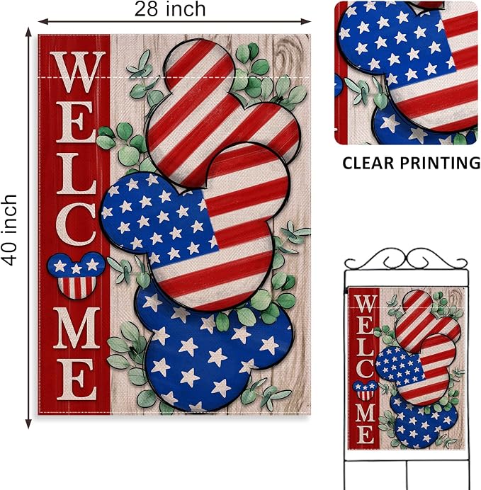 Welcome 4th of July Stars Stripes Patriotic Decorative House Flag, American USA Memorial Day Garden Yard Outside Decorations, Eucalyptus Summer Outdoor Large Home Decor Double Sided 28x40