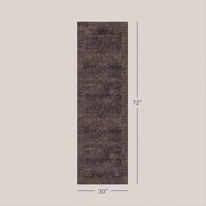 Washable 2'6"x8' Runner Rug for Hallway, Kitchen & Entryway, Dark Taupe Brown Long Runner Carpet, Low Pile Non-Slip, Traditional Vintage Distressed Geometric Design, Stain Resistant, Easy Clean