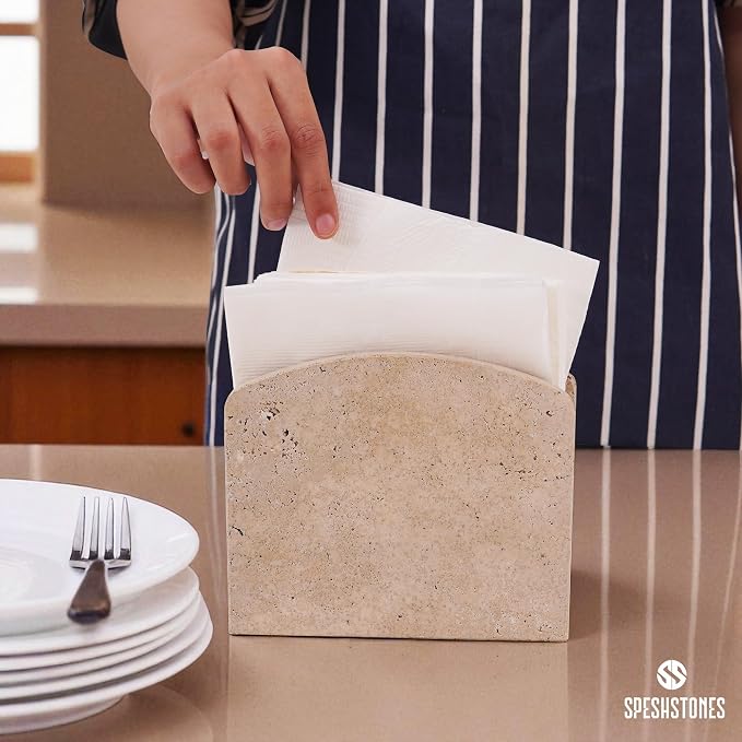 Marble Napkin Holder 6.5 Inch Handmade Travertine Napkin Holder for Table - Stone Paper Napkins Organizer for Kitchen Countertop & Bathroom Decor