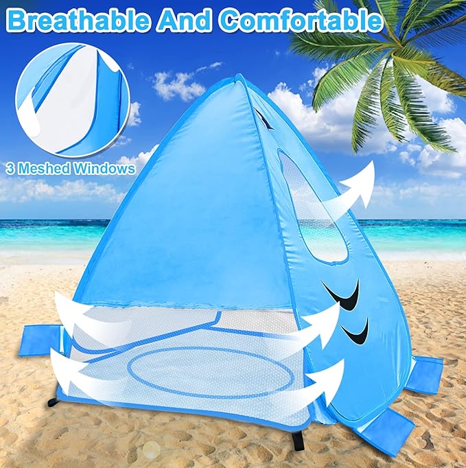 [ Extra High ] Shark Baby Beach Tent with Pool for Toddler Aged 3-60 Months | Pop Up Kiddie Pool Tents Baby Beach Essentials UPF 50+ UV Protection 4 Sand Pockets 3 Mesh Sun Beach Shade Tent for Kids