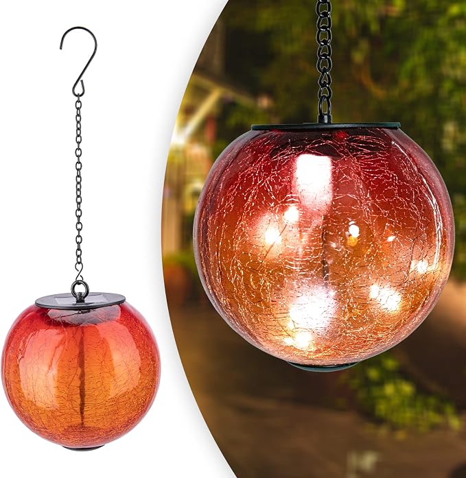 Mosaic Solar Hanging Lantern Orange Glass Outdoor Waterproof Solar Lights | Hanging Solar Lights for Outside, Cracked Mosaic Ball Lights Solar Powered Waterproof Garden Lights Housewarming Gifts