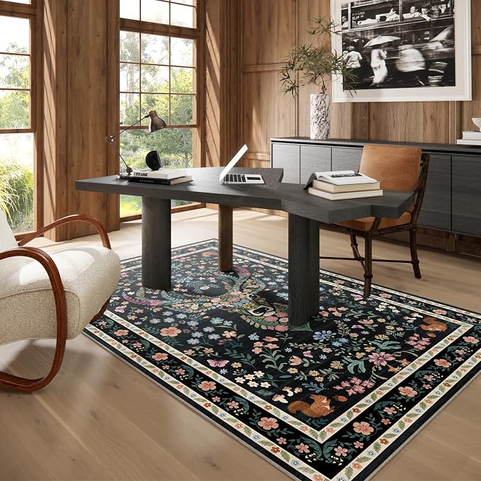 Area Rug Vintage Floral Deer Pattern 4x6 - Bohemian Forest Animal Carpet with Squirrel & Butterfly, Soft Decorative Area Rug for Living Room Bedroom Home Decor