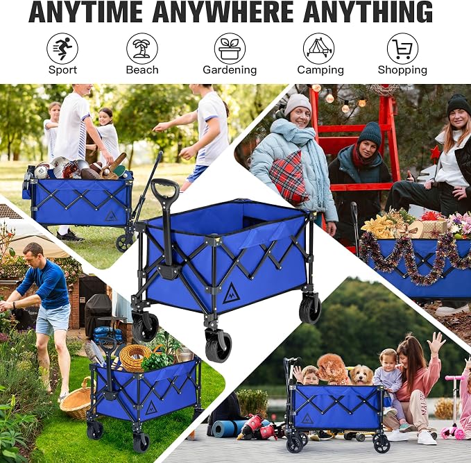 Wagon Cart Shopping Cart Large Capacity Collapsible Wagon with Wheels On Beach Garden Outdoor Utility Carts for Grocery All Terrain Portable Wagons Carts for Groceries Sand Camping Sports Blue