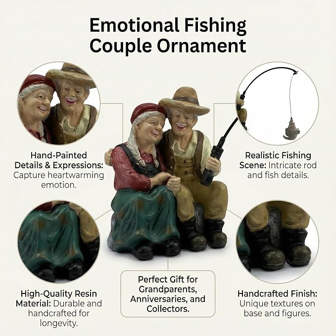Romantic Older Couple Fishing Statue Outdoor Garden Koi Pond Decoration, Elderly Lover Fisher Figurine for Patio, Lawn & Yard Decor, Resin Garden Ornament, Old Couple Fishing Sculpture