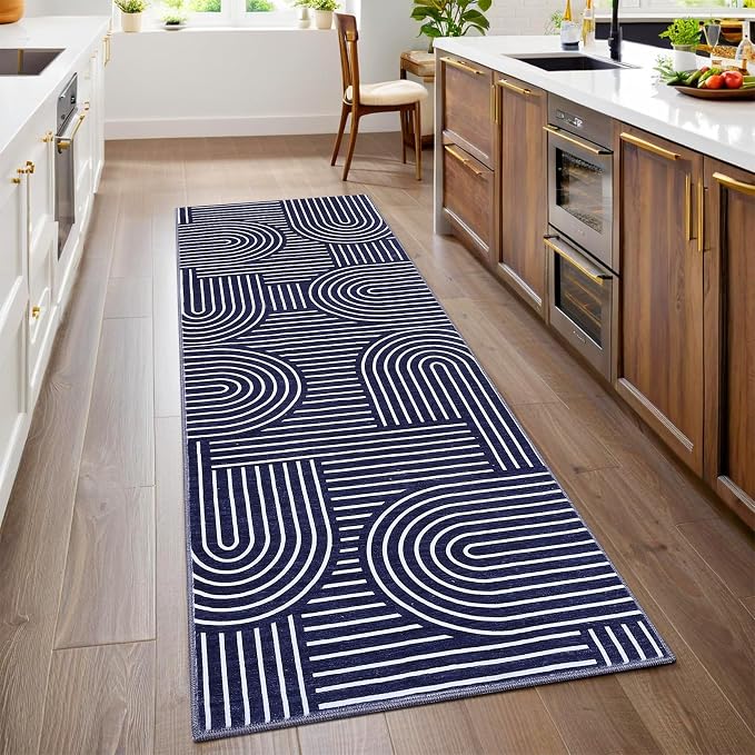ROYHOME Modern 2x6 Hallway Runner Rug Non Slip Washable Kitchen Rug, Blue | Abstract Bath Mat, Rainbow Geometric Runners Rugs for Bedroom, Soft Long Rugs for Entryway Arch Pattern Bathroom Laundry Dorm