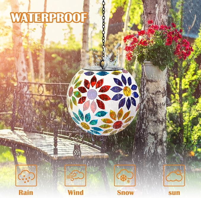 Mosaic Solar Lantern Outdoor Waterproof Glass Hanging Solar Lights, Multi | Solar Hanging Lantern IP44 Waterproof Mosaic Gazing Ball with White LED Lights, Metal Hanging Chain, Outdoor Pathway Decor