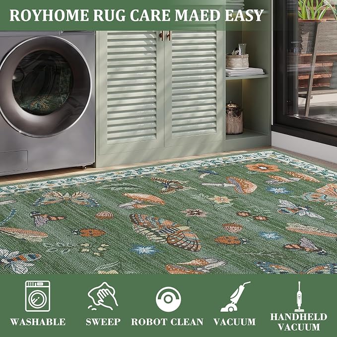 Mushroom Insect 4ft Round Rug Washable Non-Slip Soft Ultra-Thin Small Boho Circle Carpet for Entryway Kitchen Bedroom Nursery Dining Room Green