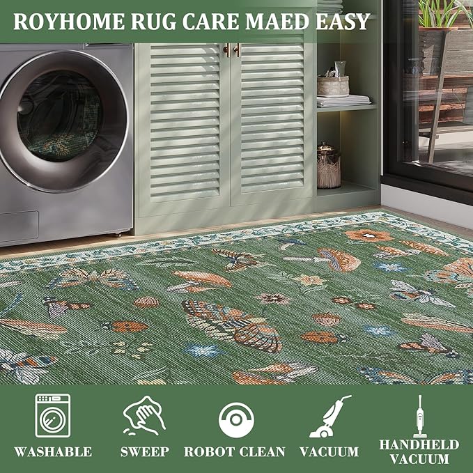 Mushroom 10x13 Area Rug for Living Room Washable Non Slip Forest Soft Low-Pile Stain Resistant Thin Large Throw Carpet for Bedroom Dining Room Office Green
