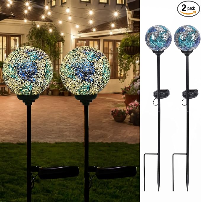VCUTEKA Decorative Solar Garden Lights, 3.5" Mosaic Globe Stake 2 Pack | Mosaic Glass Design, Solar LED Light, Weather Resistant, Auto On/Off and Metal Stake Design for Lawn and Patio