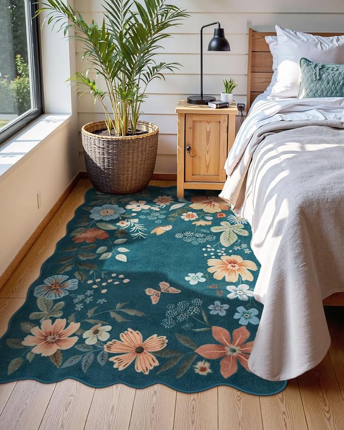 Lahome Floral Washable Rug, 3x5 Rug Soft Bedroom Rugs for Entryway Dorm | Non Slip Ultra-Thin Boho Rugs for Living Room Throw Carpet for Nursery Entrance Flore, NavyBlue