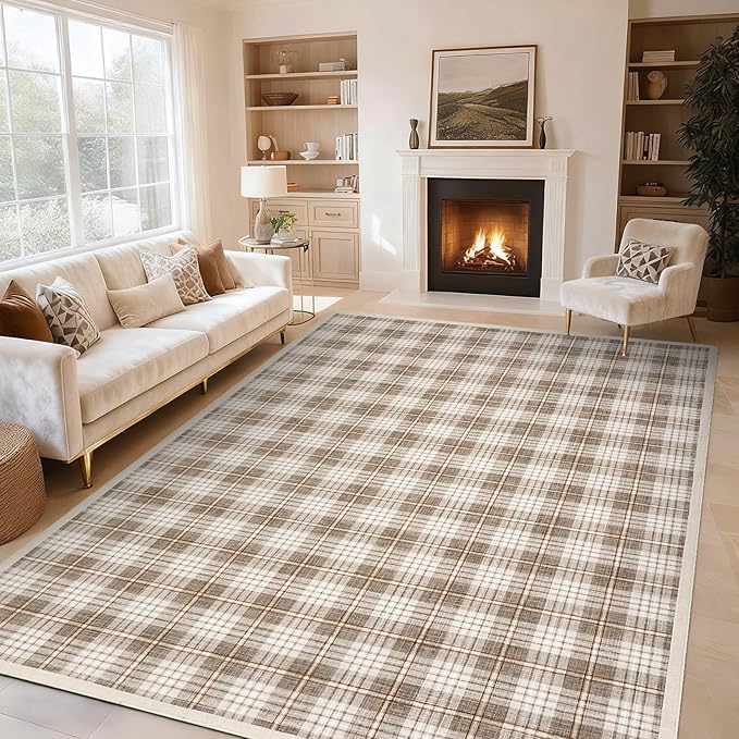 GarveeHome Checkered Machine Washable Area Rugs 8x10, Stain Resistant Non Slip Backing Low-Pile Rug Indoor Outdoor Carpet for Living Room Office Bedroom Dining Room Nursery Beige