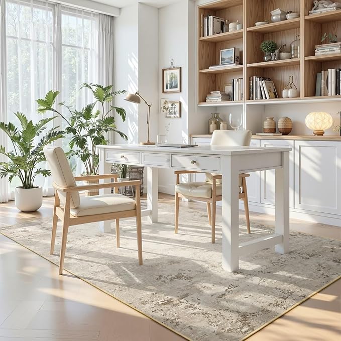 Toneed 4x6 Washable Non Slip Abstract Area Rugs for Bedroom Living Room | Soft Modern Low Pile Rug for Kitchen Hallway Office,Indoor Carpet for Kids Nursery Home Decor, Beige