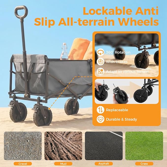 NEWBULIG Collapsible Wagon Cart, 102L Standard, Portable Heavy Duty Pull Cart with Lockable Wheels, 330 lbs Capacity, Adjustable Handle for Beach, Sports, Camping, Shopping & Garden, Gray