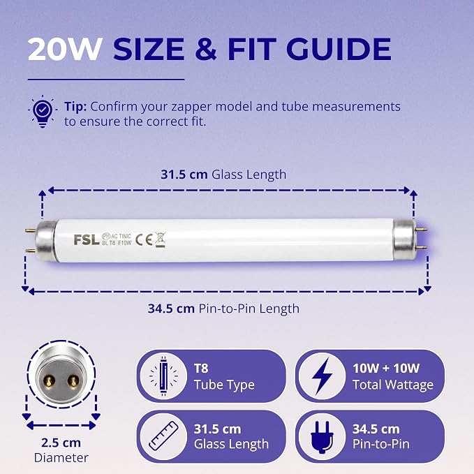 ASPECTEK 20W Bug Zapper Replacement Bulbs - Pack of 2 x 10W, T8 UV Light Tubes for Compatible ASPECTEK 20W Electric Bug Zapper 1-Inch Diameter, 34.5 cm Pin-to-Pin Length