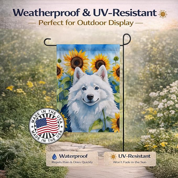 Caroline's Treasures DAC6008GF American Eskimo in Sunflowers Garden Flag Mailbox Flag Decorative Yard Flag Banner Outside Patio Artwork Yard Flower Beds, Garden Size, Multicolor