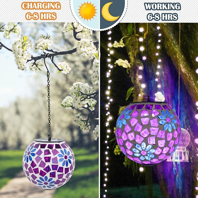 Mosaic Solar Lantern Outdoor Waterproof Glass Hanging Solar Lights, Purple | Solar Hanging Lantern IP44 Waterproof Mosaic Gazing Ball with White LED Lights, Metal Hanging Chain, Outdoor Pathway Decor