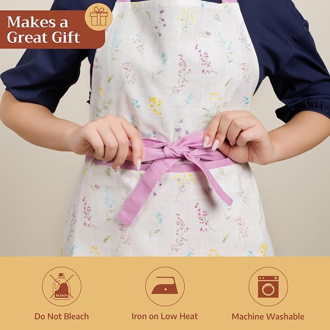 Maison d' Hermine Aprons for women with Pocket 100% Cotton (27.50"x31.50") | Adjustable Neck Strap & long ties Apron Men Chef Wedding Cooking Gardening Server Maid
