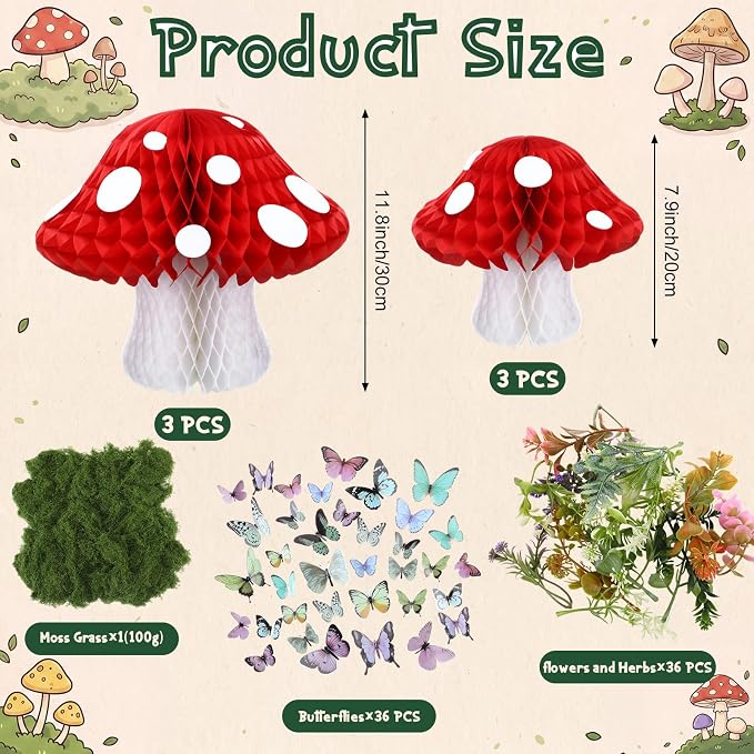 Fairy Garden Accessories Kit Set Include 6 Large 3D Forest Mushroom Honeycomb Table Centerpiece Decor, 20 Fake Flowers Plants, 3.5oz Moss, 36 Butterflies for Fairy Garden Birthday Party Decor