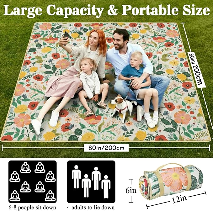Picnic Blankets Waterproof Foldable Extra Large,80"x 80" Outdoor Beach Blanket Sandproof,3-Layer Lightweight Handy Mat Tote Picnic Camping Rugs for Outside Your Rv (Strawberry Floral Botanical Poppy)