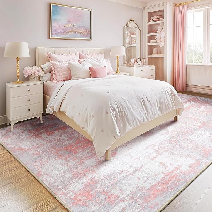 RELEANY Washable 6'x8' Abstract Area Rug for Living Room Gray Pink | Carpet for Bedroom, Kitchen, Office, Hallway and Entryway, Printed Pattern, Non‑Slip, Soft, Stain‑Resistant, Easy to Clean