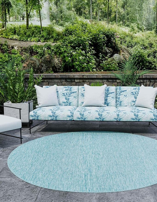 Unique Loom Collection Casual Transitional Solid Heathered Indoor/Outdoor Flatweave Area Rug (13' Round, Aquamarine/Ivory)