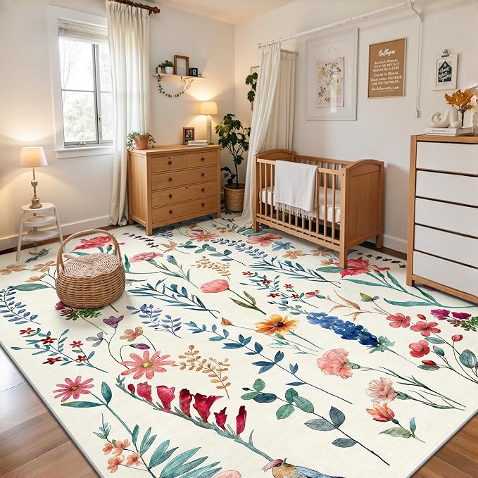 8x10 Area Rugs, Machine Washable Low Pile Floral Rugs for Living Room, Bedroom, Large Area Rug with Non-Slip Backing for Dining Room(Beige Floral)