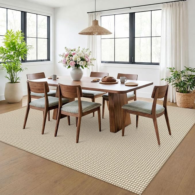 KOZYFLY 6x9 Dining Room Rugs, Washable Area Rug for Living Room, Non Slip Rugs for Bedroom, Braided Floor Carpet for Nursery, Office, Cotton Rug Home Indoor Decor, Ivory/Camel/Brown