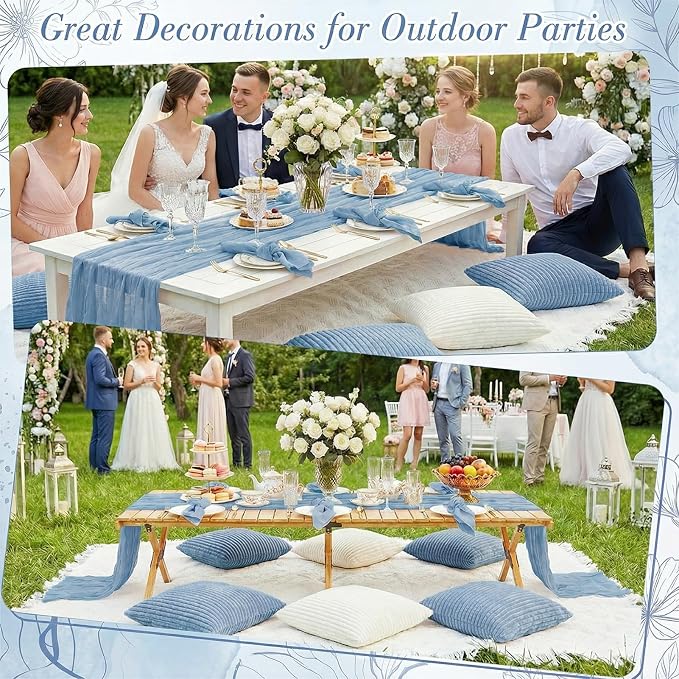 91 x 71 Extra Large Outdoor Boho White Picnic Blanket with Blue Table Runner, 6 Napkins and 6 Throw Pillow Covers Table Decor for Beach Picnic Camp Wedding Party Birthday Baby Shower