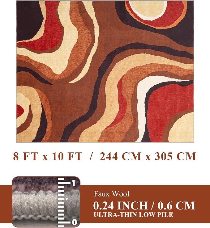 Burnt Orange Rug 8x10 Washable,Alfombras para Salas,Farmhouse Brown Retro Carpets,Geometric Abstract Wavy Rug for Living Room,Unique Colorful Rugs for Bedroom,Dining Room