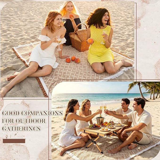91'' x 71''Extra Large Outdoor Boho Picnic Blanket,Woven Cotton Yarn Blanket with Fringe for Boho Decor Camping Lawn Wedding Photoshoot Beach Park Grass (Brown)