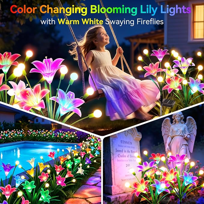 Solar Garden Lights Outdoor: 4 Pack 2-in-1 Color Changing Solar Lily Flower Lights with Firefly Swaying Light, Waterproof Garden Decor for Yard Patio Flowerbed Lawn, Gardening Gifts for Women