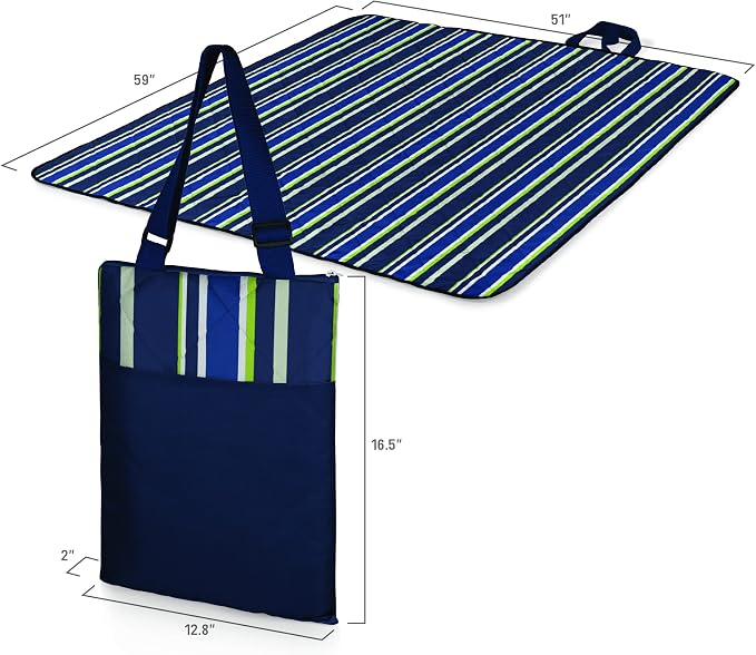 ONIVA - a Picnic Time brand - Vista Outdoor Picnic Blanket & Tote - Beach Blanket - Camping Blanket, (Blue Stripe Pattern with Navy Blue Exterior)