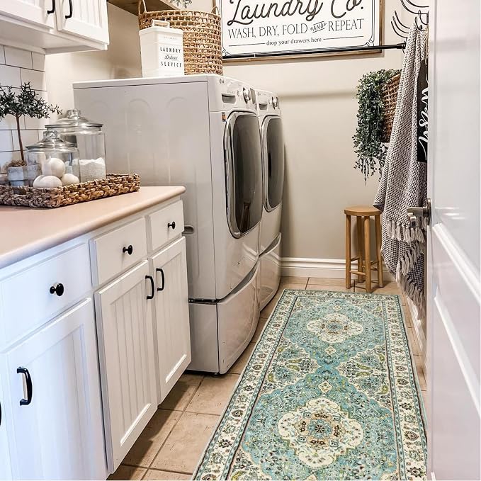 Lahome Felice Floral Medallion Runner Rug - 2x5 Laundry Rug Runner Soft Non-Slip Washable Low-Pile Bathroom Mat, Indoor Throw Floor Carpet Runners for Kitchen Entryway Bedroom RV, Sky/Baby Blue
