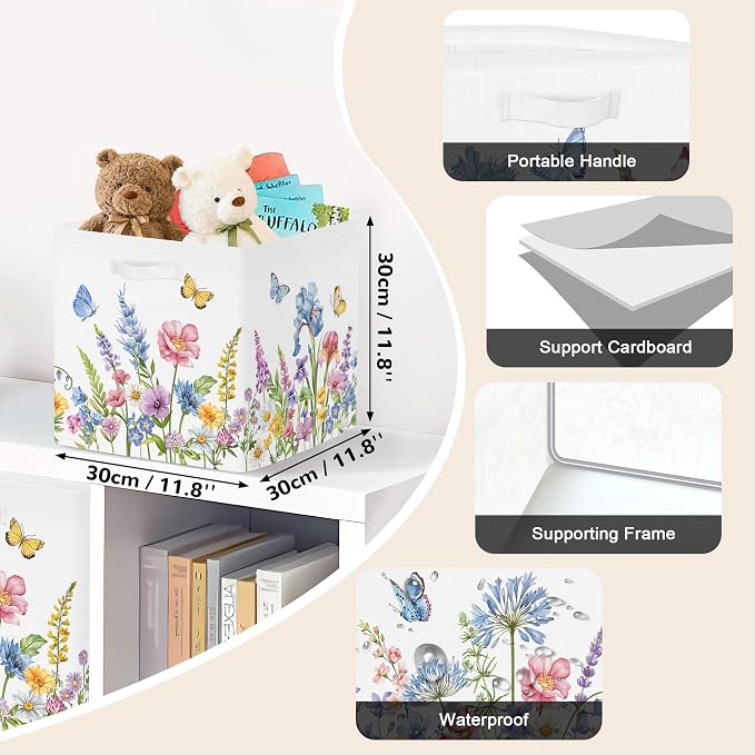 Clastyle Flowers Storage Cube Organizer Set Handle Closet Clothes Cube with Metal Frame Foldable Parents Organizer Storage Basket for Book Toy,Blue Flowers,11.8x11.8x11.8 in