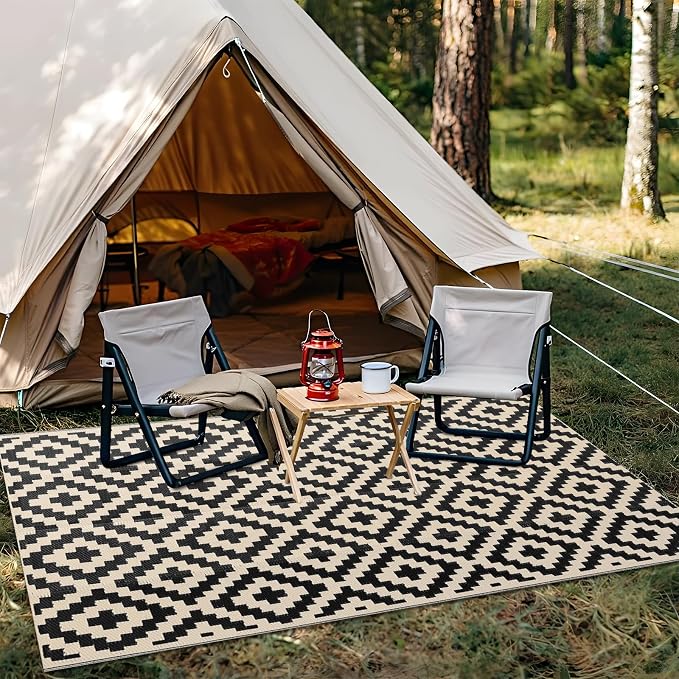 OLANLY Waterproof Outdoor Rug 4x6 ft, Outdoor Plastic Straw Rug for Camping, RV Mat Outside, Outdoor Carpet for Porch, Deck, Backyard, Balcony, Picnic, Black & Beige