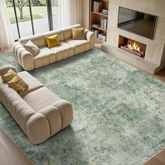Tortania Washable 7x9 Area Rug for Living Room: Modern Abstract Neutral Large Soft Thin Rugs - Non Slip Indoor Carpet for Bedroom Dining Room Office Nursery Home Floor Decoration - Olive Green