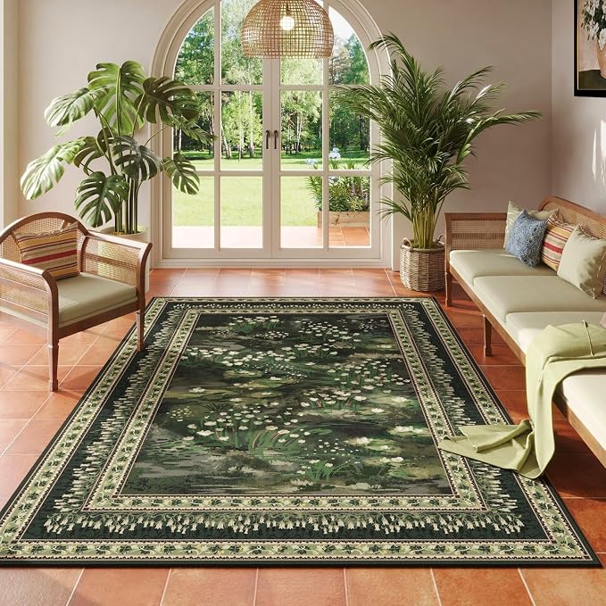 Rugcomf 4x6 Rug for Bedroom Impressionist-Style Vintage Washable Rugs Non Slip Low Pile Small Carpet for Bedside Kids Room Office Dining Room, Green