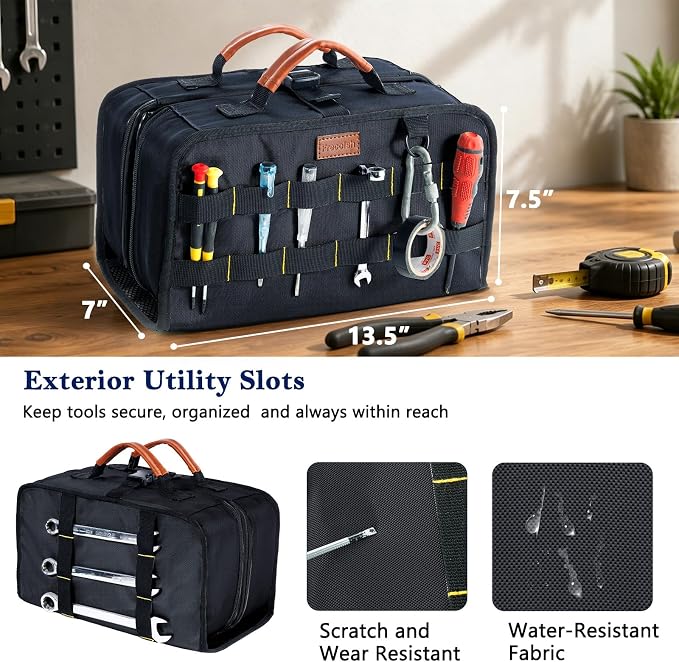 Heavy Duty Tool Bag Organizer with Clear Lid Compartments for Electrician, Portable Tool Organizer Case for Multimeter, Diagnostic & HVAC Repair Tools, Roll Up Tool Bag Organizer