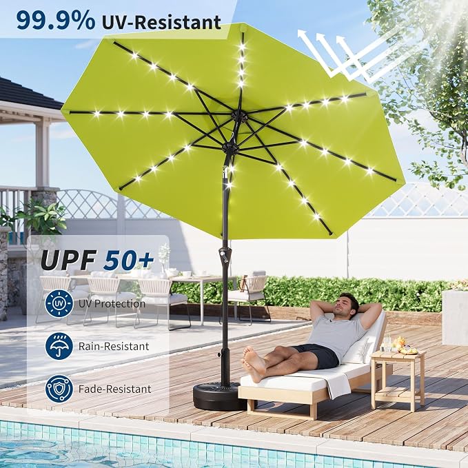 GarveeLife Patio Umbrella with Solar Lights, Outdoor Table Umbrella with 8 Durable Ribs, Tilt & Crank Mechanism, Water & UV Protection Sun Shade Umbrella for Garden, Poolside, Backyard (Green, 9 FT)
