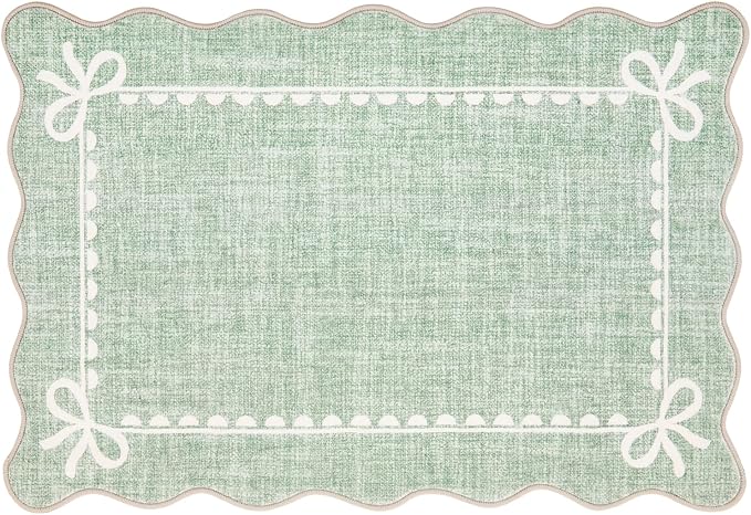 GarveeHome Scalloped Entryway Rug 2x3 Washable Bow Rug, Sage Green | Non Slip Soft Low Pile Ultra-Thin Stain Resistant Indoor Carpet for Girls Dorm Nursery Bedroom Decor Hallway Kitchen Floor