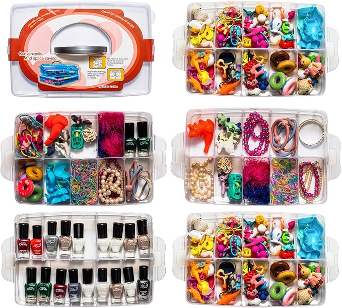 Sooyee 5 Layers Stackable Storage Container Clear 50 Adjustable Compartments, Compatible with Small Toys Arts and Crafts Piping Tips Hardware Storage Organizer