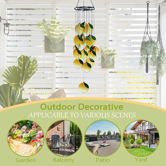 Small Sea Glass Wind Chimes for Outside, Lemon Windchimes Outdoors Unique, Sea Glass Art Wind Chimes Outdoor Gifts for Women, Hanging Outdoor Garden Decor
