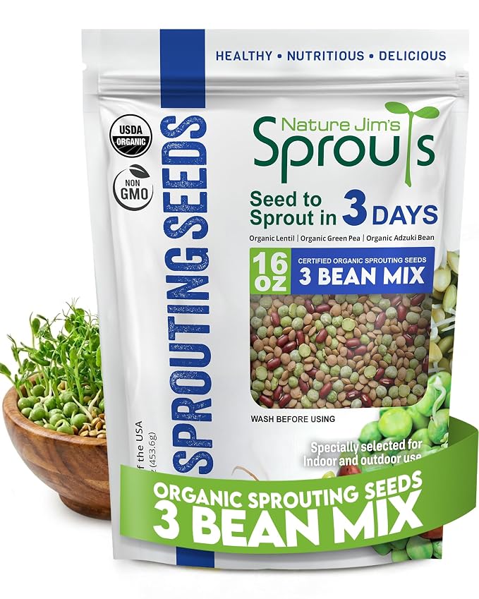 Nature Jim's Sprouts 3-Bean Seed Mix - Organic Green Peas, Lentils & Adzuki Beans for Planting - Non-GMO Microgreen Sprout Seeds, Fast Sprouting, High in Fiber, Protein, Nutrients & Vitamins - 16 Oz