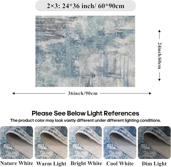 2x3 Abstract Washable Bath Mat: Blue Non Slip Small Rugs for Bathroom | Kitchen Sink - Soft Low-Pile Carpet Modern Doormat for Front of Entryway Home Decor 2x3 Blue
