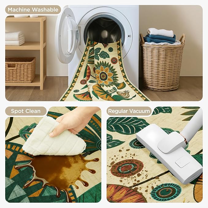 Joydeco Egypt Floral Washable 2x6 Rug Runners for Hallways Entryway Kitchen | Boho Botanical Colorful Non Slip Stain Resistant Low Pile Flower Indoor Carpet Runner for Entry Laundry Room Bathroom, Beige