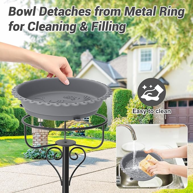 Birdbaths for Outdoors,40In Garden Birdbath with 12" Removable Plastic Bowl,Bird Baths Feeder with Sturdy 5 Prongs Base for Outdoor Garden Patio Yard Lawn Decor (Gray)