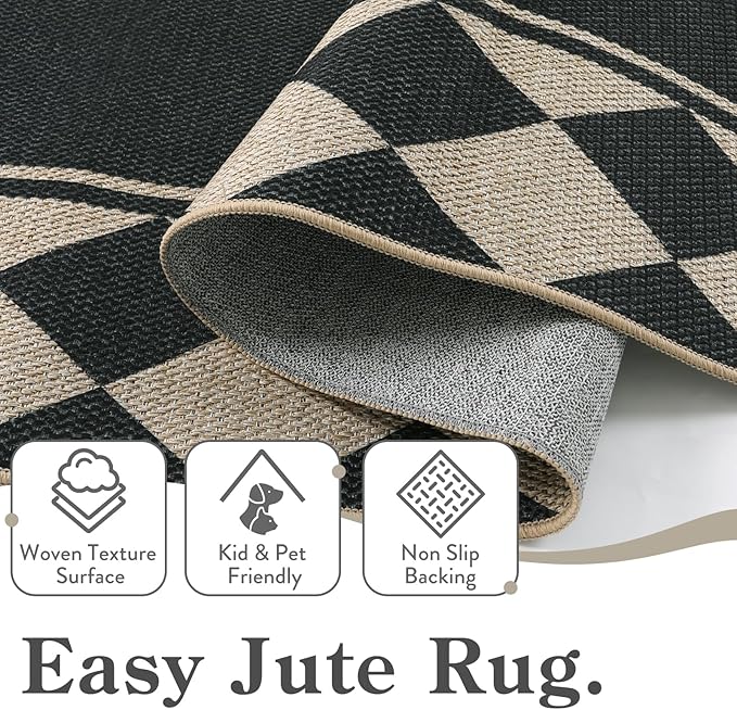 Moynesa Easy Jute Outdoor Rug 5x7 Area Rugs, Washable Checkered Rugs for Living Room Non Slip, Farmhouse Neutral Carpet for Backyard Dining Room Balcony, Black Grid Pattern